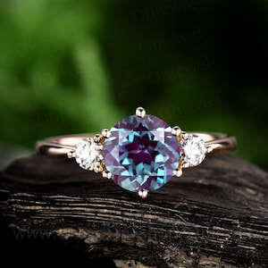 Drie stenen moissanite ring 14k roségouden ring kleur verandering alexandrite verlovingsring vintage ronde 7mm alexandrite vrouwen trouwring