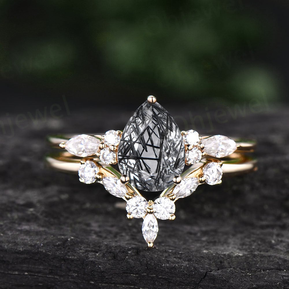 Pear Shaped Black Rutilated Quartz Engagement Ring Set Art - Etsy