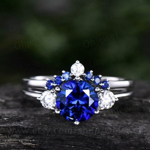 Vintage unique blue sapphire engagement ring set 14k rose gold three stone moissanite ring minimalist bridal wedding ring set for women gift image 6