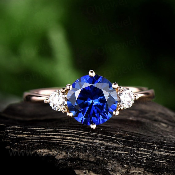 Three Stone Moissanite Ring Round Blue Sapphire Engagement Ring Rose Gold  10k/14k/18k Sapphire Ring Vintage Wedding Bridal Ring Jewelry Gift -   Israel