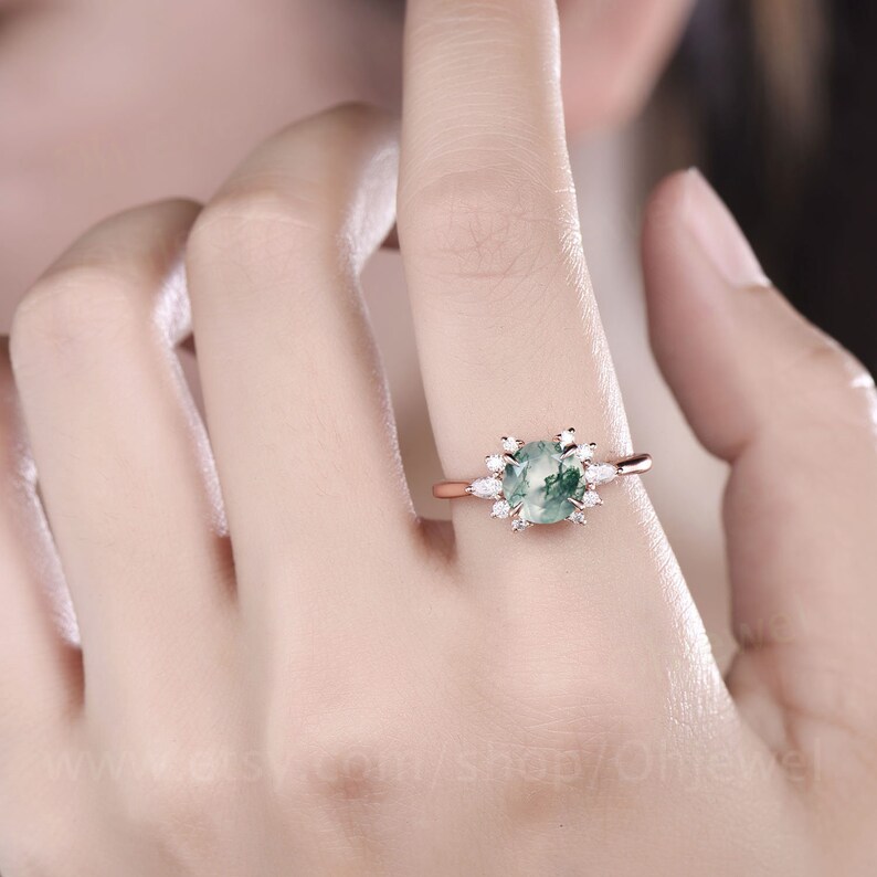 Vintage moss agate engagement ring rose gold ring cluster moissanite ring for women unique moss agate ring gold antique jewelry bridal gift