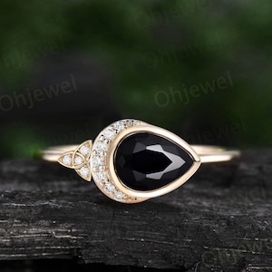 Pear shaped black onyx ring vintage moon bezel unique engagement ring women solid 14k rose gold celtic knot diamond anniversary ring gift