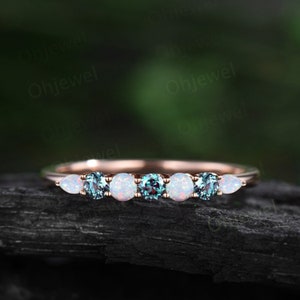 Dainty round opal alexandrite wedding band half eternity solid 14k rose gold Personalized Minimalist green gemstone anniversary ring gift