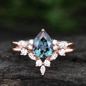 Einzigartige Alexandrit Verlobungsring Set Art Deco vintage 14k Rosegold Marquise Moissanit Ring für Frauen Silber Ehering Set