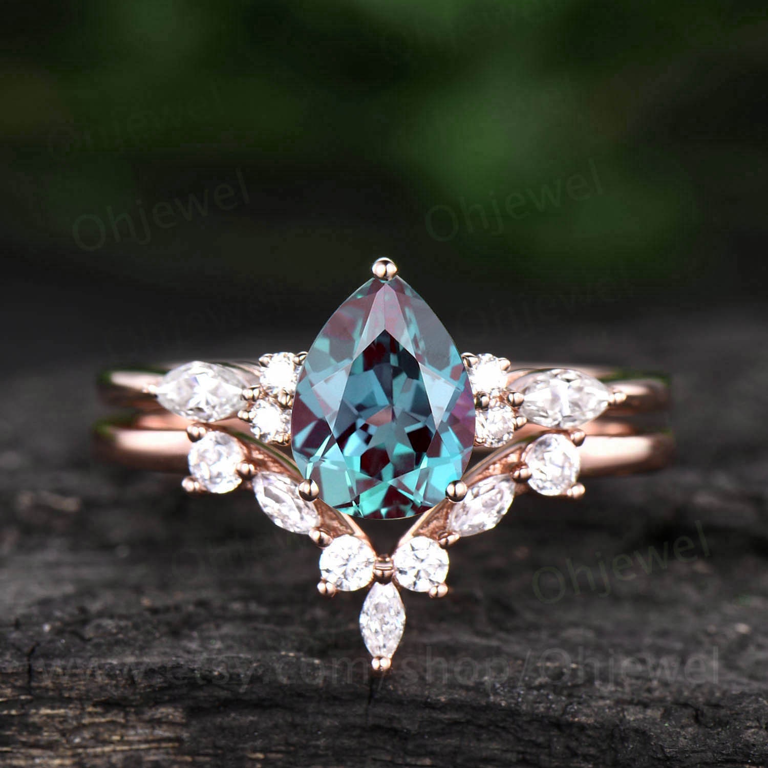 Unique Pear Shaped Alexandrite Engagement Ring Set Art Deco - Etsy