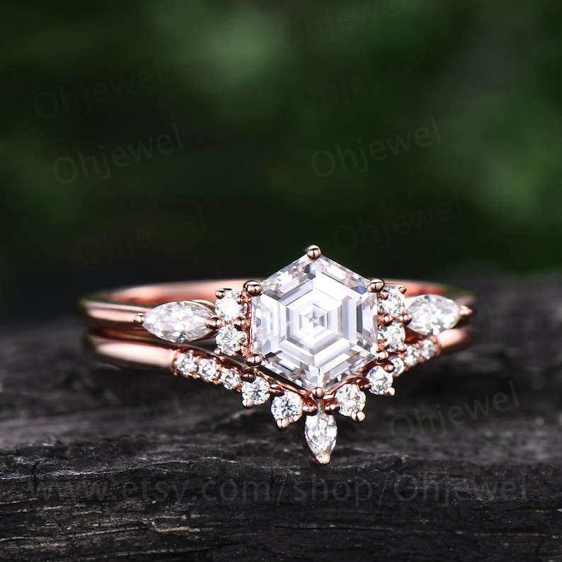 Hexagon Moissanite Engagement Ring Set Art Deco Rose Gold Etsy