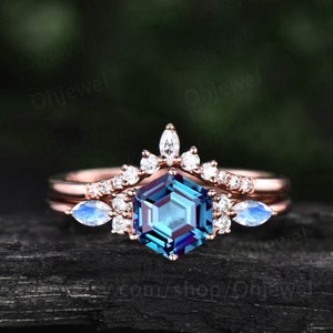 Hexagon cut Alexandrite engagement ring set moonstone ring rose gold silver moissanite ring June birthstone bridal wedding ring set women