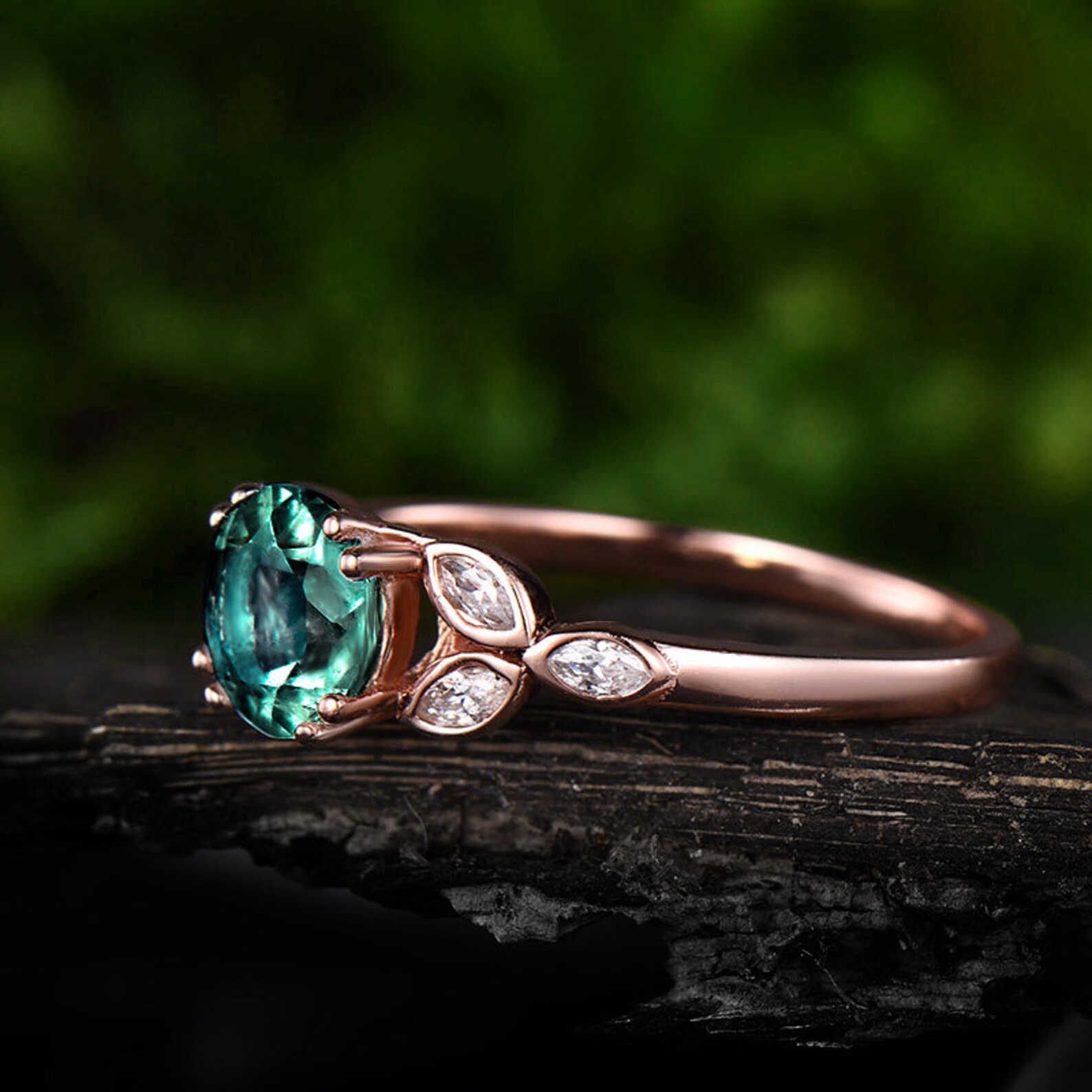 Green Emerald Engagement Ring Rose Gold 14K/18K Moissanite Wedding Band ...