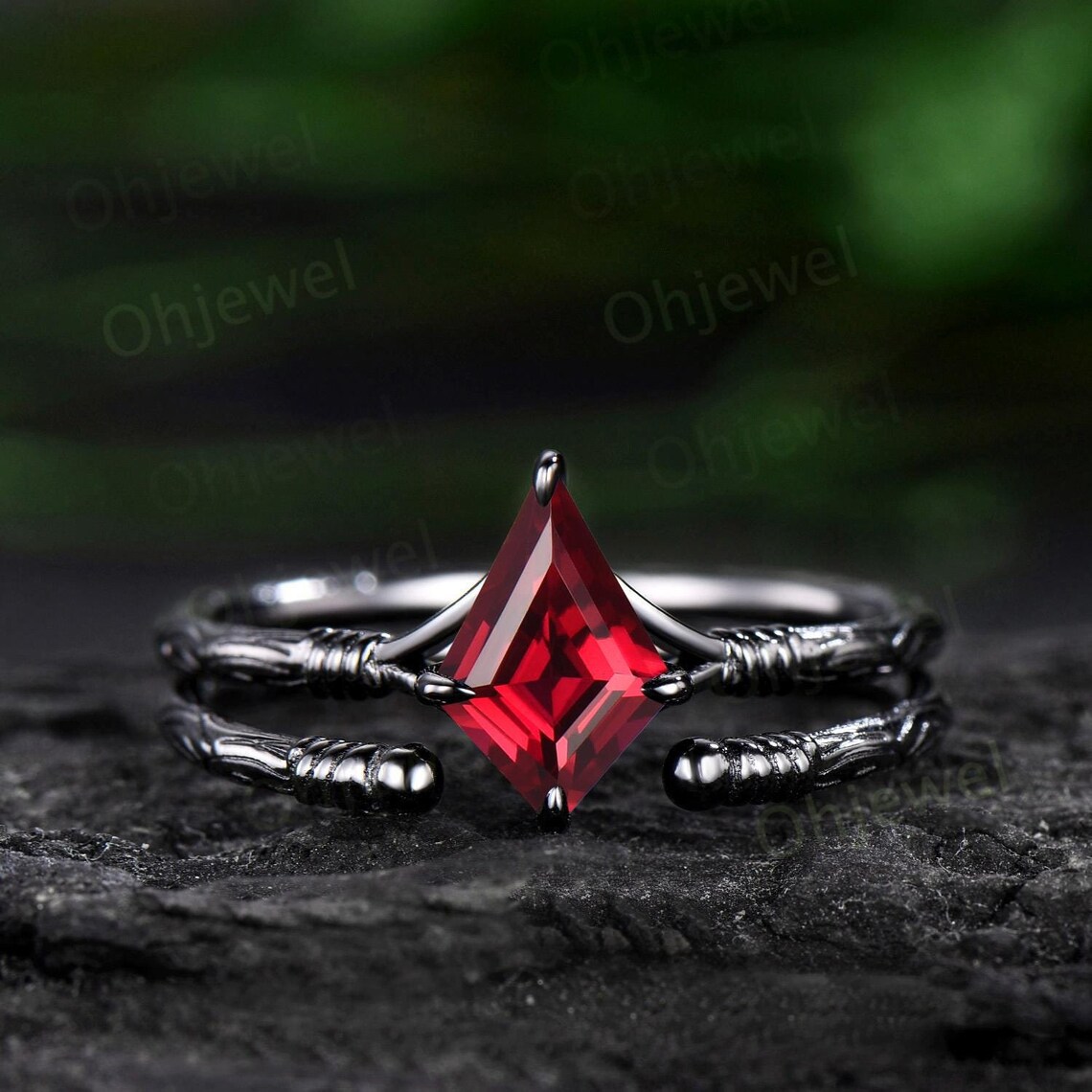 Ruby Rope Rings Vintage Kite Cut Red Ruby Engagement Ring Set 14k Black Gold Etched ...