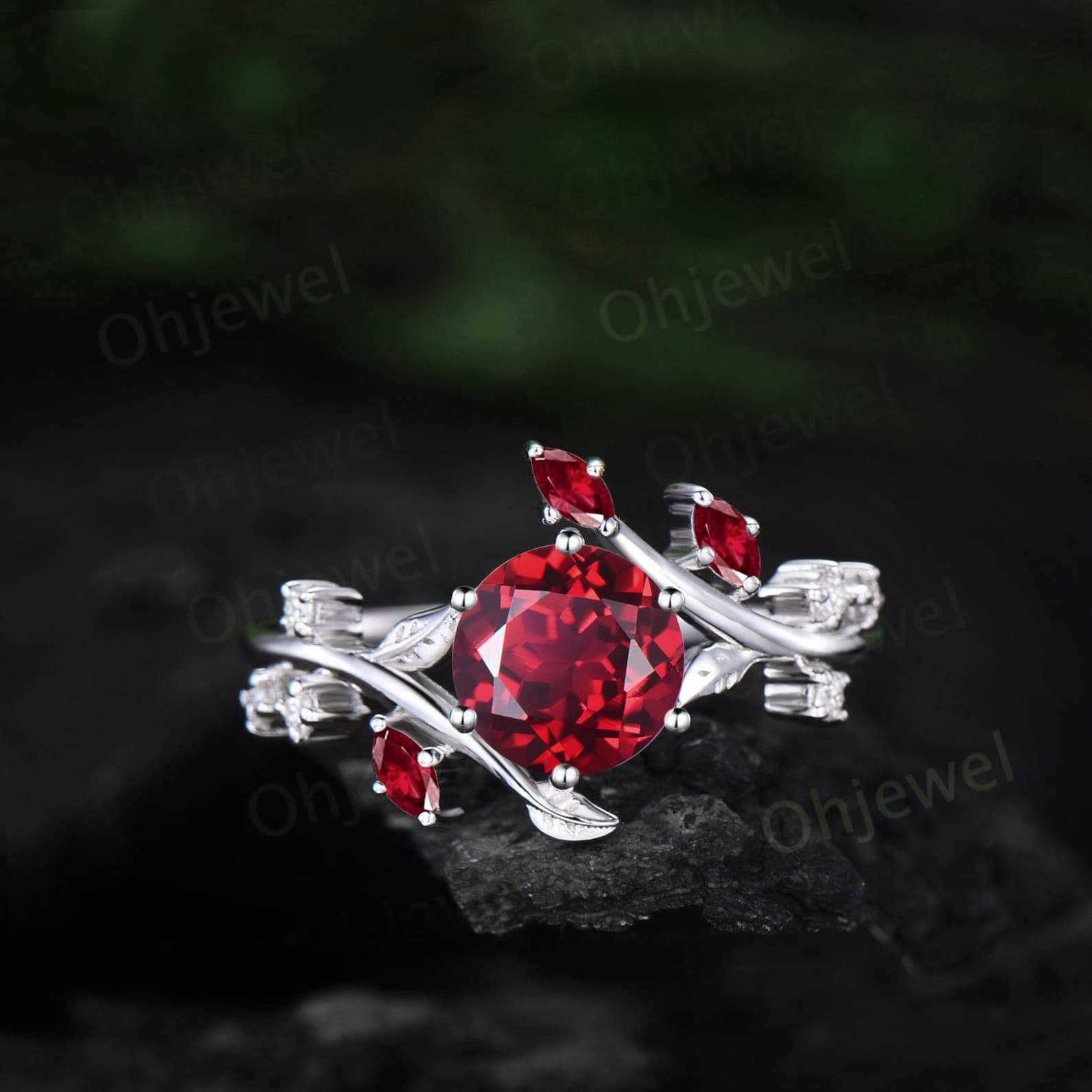 Round Red Ruby Engagement Ring Rose Gold Leaf Nature Inspired Cluster ...