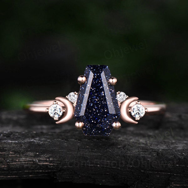 Coffin blue sandstone ring vintage moon five stone diamond ring rose gold cluster unique engagement ring dainty anniversary women gift