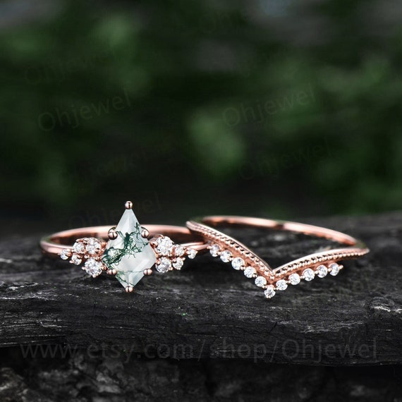 Green Moss Agate Engagement Ring Set Kite Cut Ring Rose Gold - Etsy