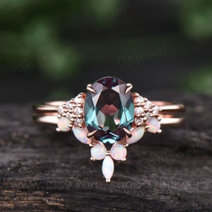 2pcs Alexandrite engagement ring set vintage opal ring for women rose gold diamond ring opal wedding band June birthstone ring jewelry gift