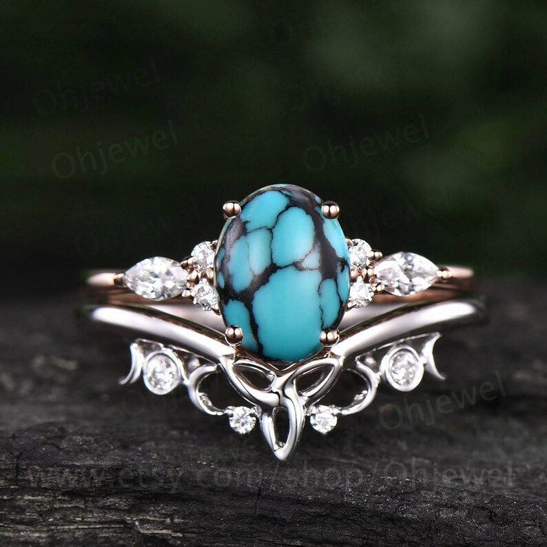 Oval natural turquoise ring rose gold vintage unique engagement ring set for women art deco shops moissanite promise bridal wedding ring set gift