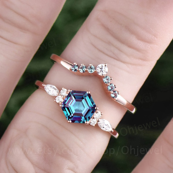 Hexagon Alexandrite ring for women vintage Alexandrite engagement ring set rose gold silver dainty ring art deco moissanite wedding ring set