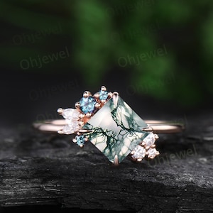 Unique princess cut moss agate engagement ring solid 14k 18k rose gold cluster alexandrite diamond ring women vintage anniversary ring gift