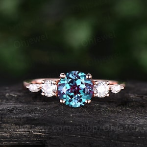 Vintage round cut Alexandrite engagement ring 14k rose gold five stone Minimalist marquise cut moissanite ring unique wedding ring for women