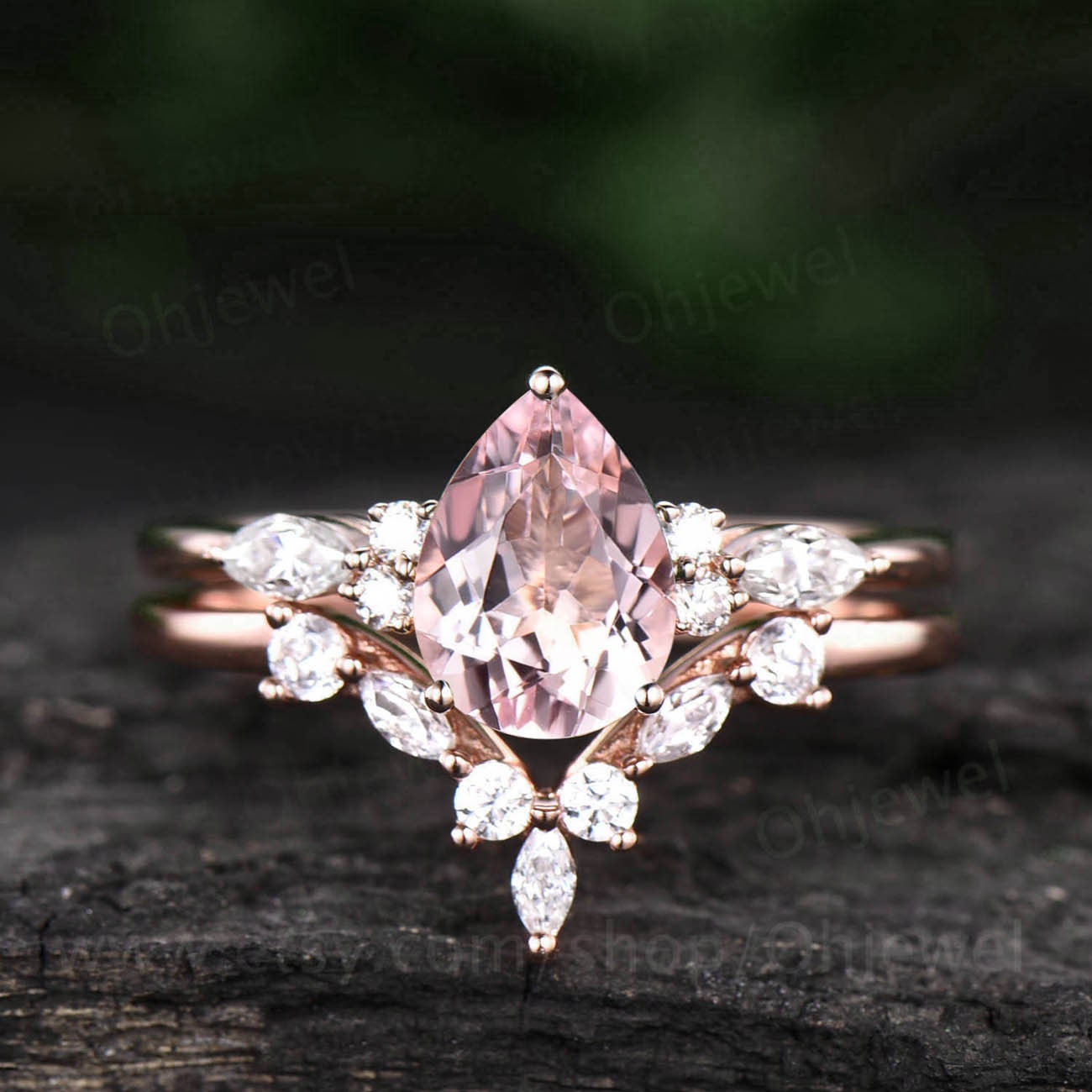 Unique Pear Shaped Morganite Engagement Ring Set Rose Gold Art | Etsy