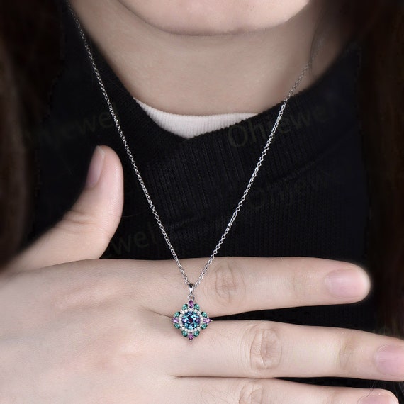 Vintage 1CT Round Alexandrite Pendant Necklace June Birthstone