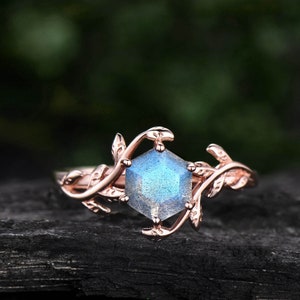 Vintage Hexagon Labradorite engagement ring leaf flower ring solitaire rose gold bridal ring blue Labradorite ring for women wedding ring