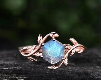 Vintage Hexagon Labradorite Engagement Ring Leaf Flower Ring
