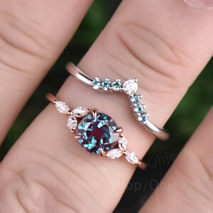 2pcs alexandrite engagement ring set vintage alexandrite ring set for women rose gold marquise moissanite ring set bridal ring set jewelry