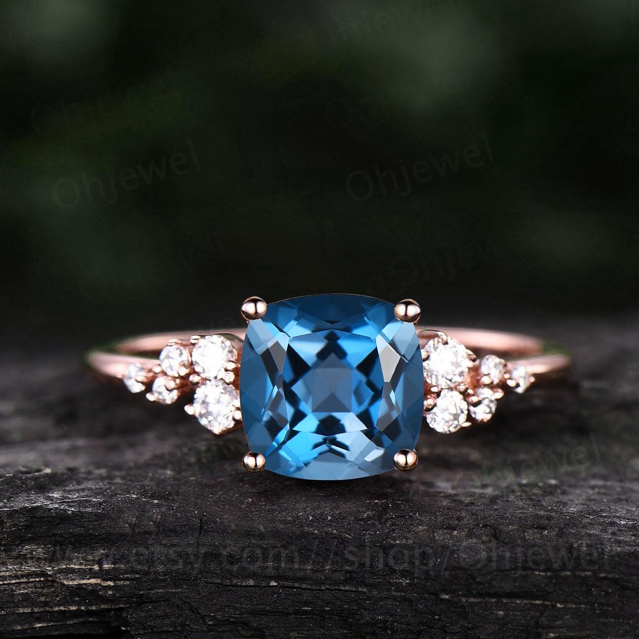 Cushion cut London blue topaz engagement ring rose gold cluster snowdrift diamond ring women dainty unique gemstone anniversary ring gift