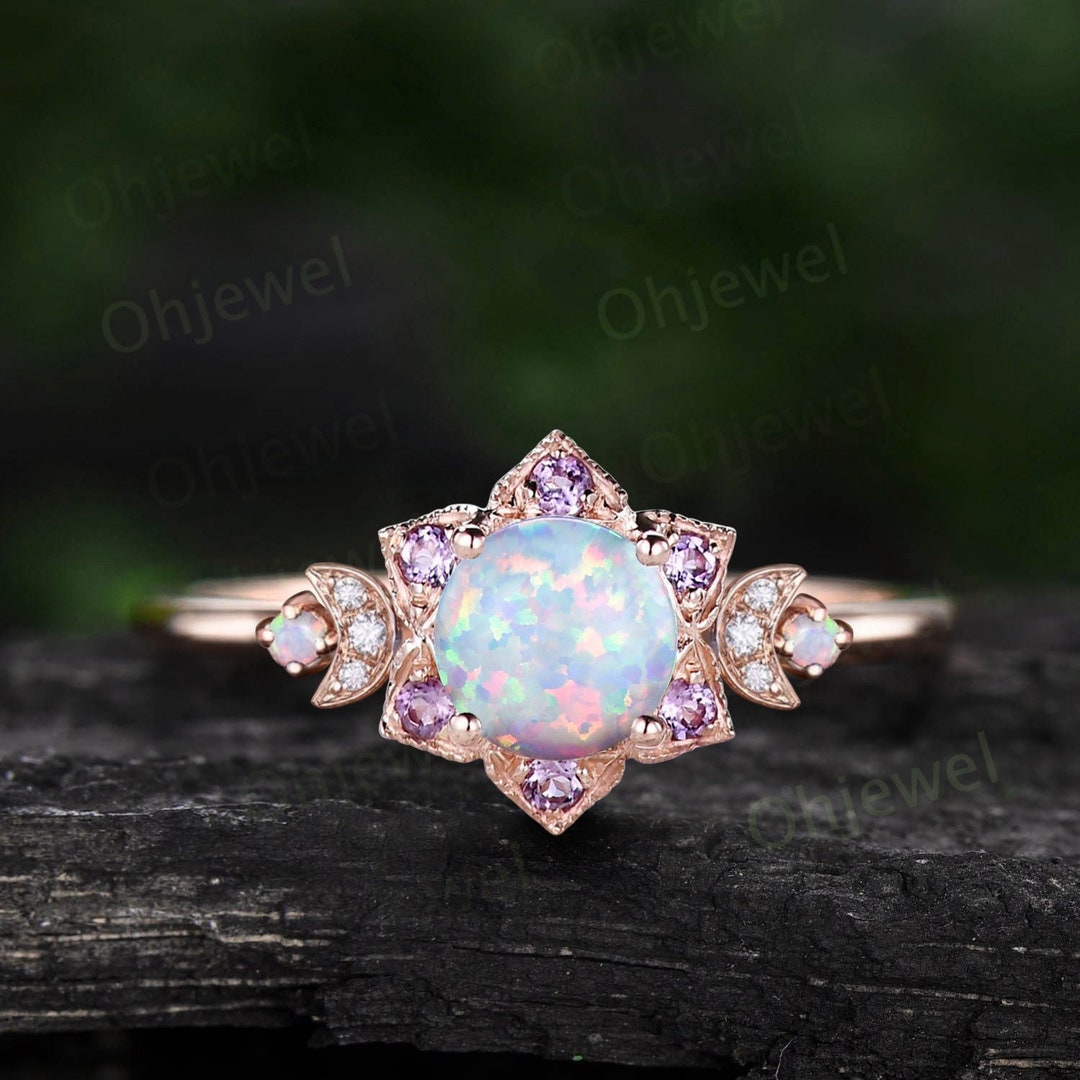 Vintage Round White Opal Engagement Ring Rose Gold Milgrain Floral Moon ...