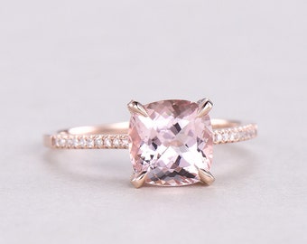 Cushion cut morganite ring  natural pink morganite engagement ring rose gold diamond under basket halo ring