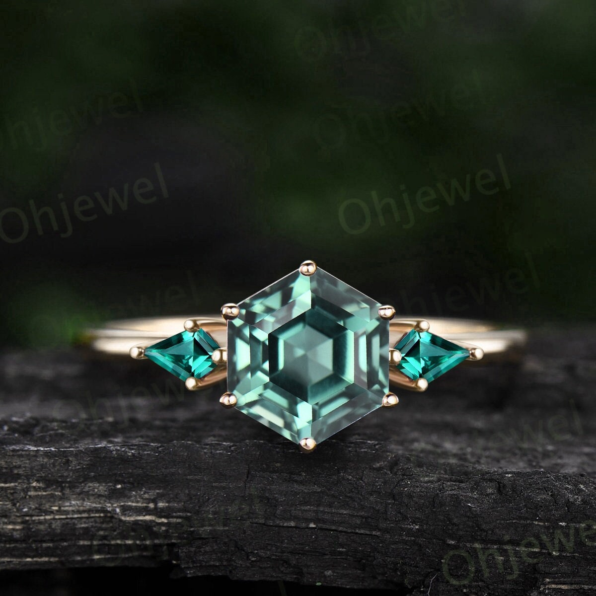 Hexagon Cut Green Sapphire Ring