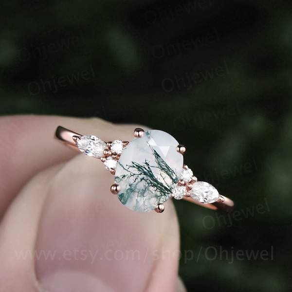 Unique vintage moss agate engagement ring for women marquise ring moissanite ring solid rose gold ring custom jewelry anniversary ring gift