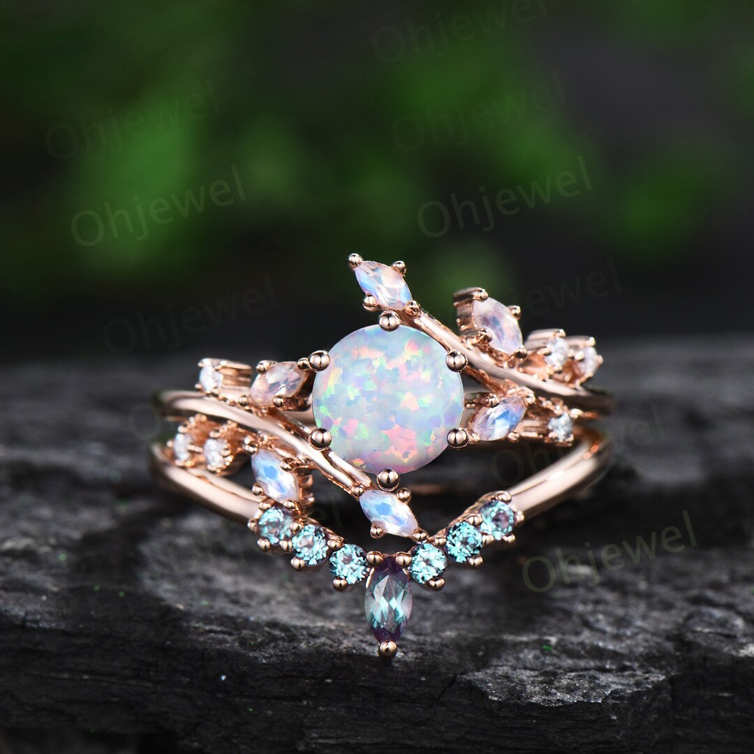 1ct Round White Opal Engagement Ring Leaf Cluster Rose Gold Marquise