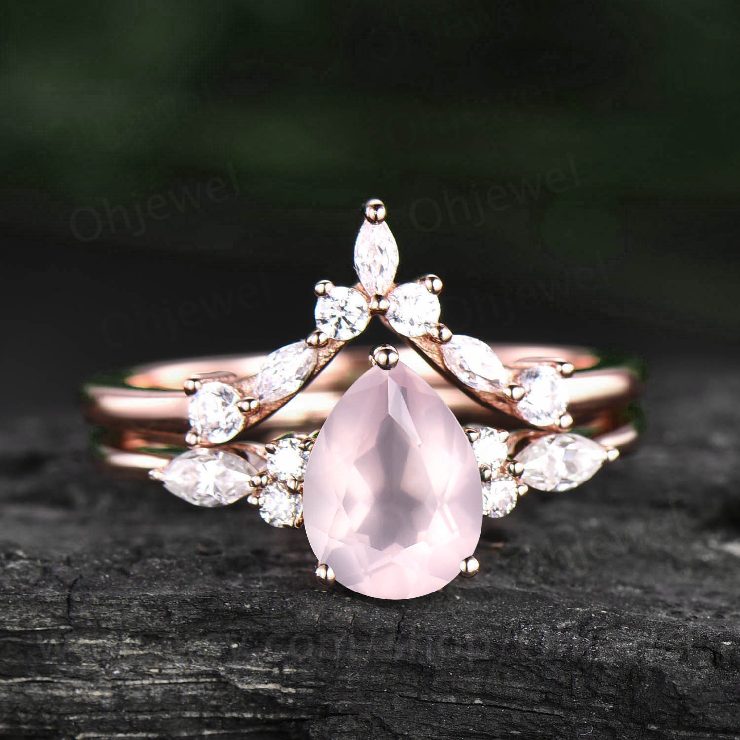 Pear Shaped Rose Quartz Engagement Ring Set 14k Rose Gold | Etsy