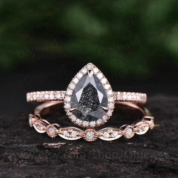 Pear black rutilated quartz engagement ring set vintage opal ring solid  rose gold unique diamond ring wedding bridal set anniversary gift