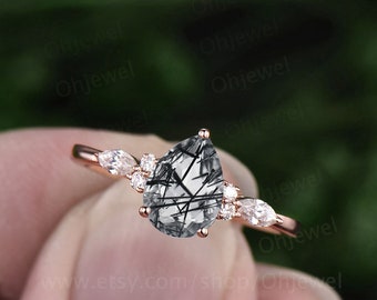 Pear black rutilated quartz engagement ring for women vintage marquise moissanite ring rose gold black stone ring anniversary wedding ring
