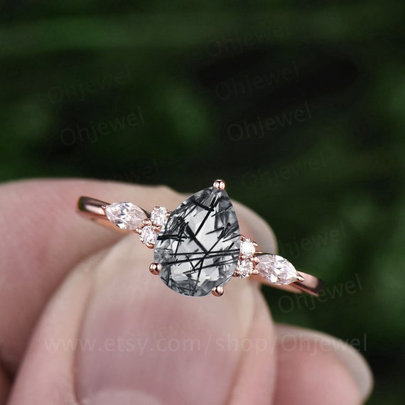 Pear Black Rutilated Quartz Engagement Ring for Women Vintage