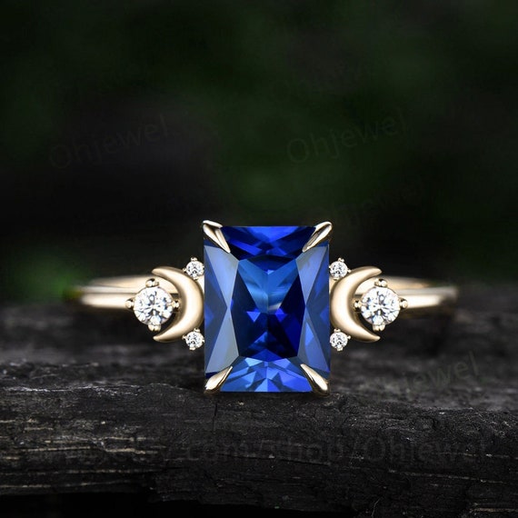 Unique Blue Sapphire Engagement Rings Vintage Emerald Cut Blue