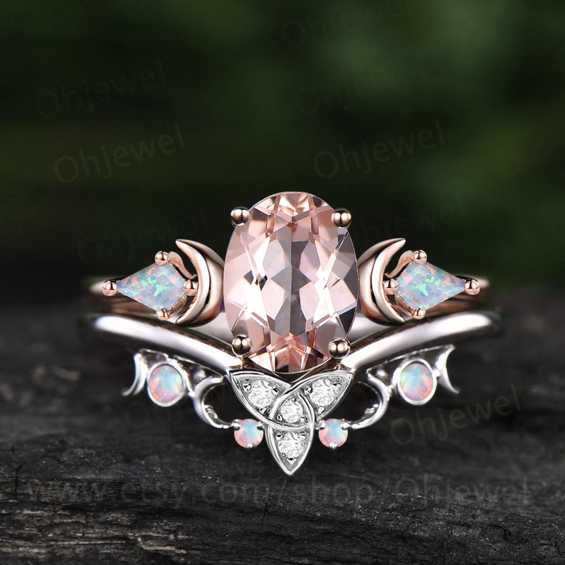 Vintage oval cut morganite engagement ring Moon kite opal ring 2pc ring set