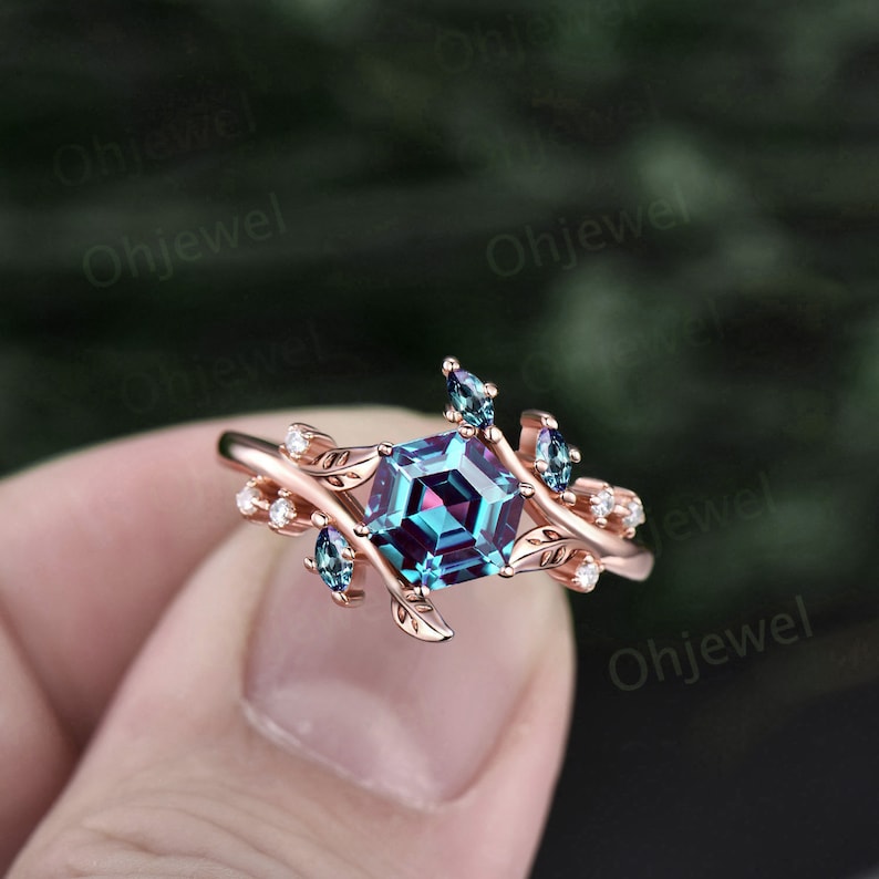 Twig Hexagon Cut Alexandrite Engagement Ring Solid 14k Rose - Etsy
