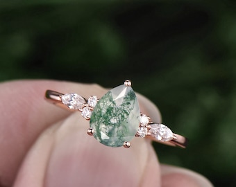 Pear moss agate ring vintage moss agate engagement ring 7 stone moissanite ring rose gold for women art deco dainty jewelry bridal ring gift