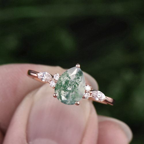 Pear moss agate ring shops vintage moss agate engagement ring 7 stone moissanite ring rose gold for women art deco dainty jewelry bridal ring gift