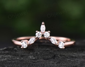 V förmiger gebogener Moissanit Trauring Marquise Ring 7 Stein Ring massiv 10k 14k 18k Roségold Ring Vintage Unikat Ehering Brautgeschenk