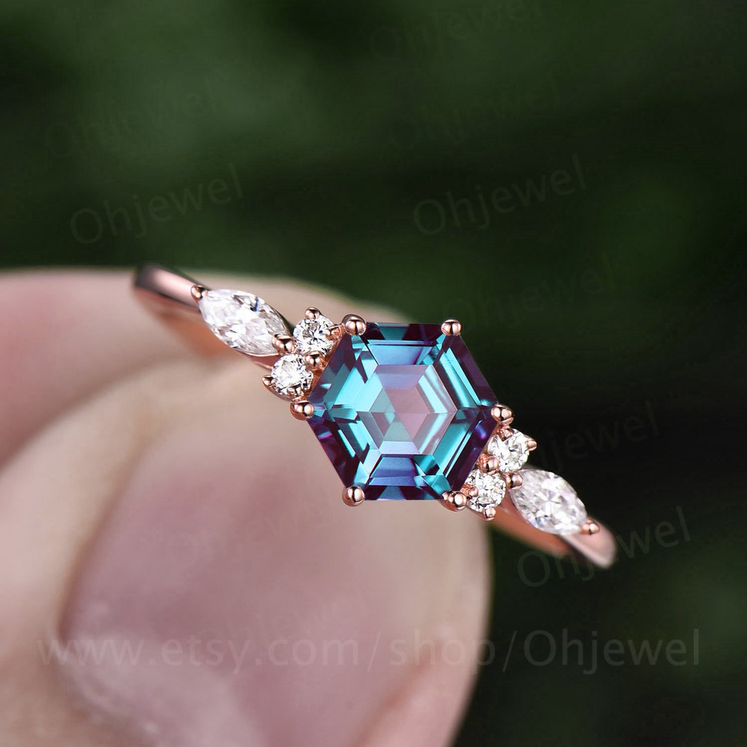 Hexagon Alexandrite Engagement Ring Art Deco Rose Gold Silver Ring 7 Stone Vintage Moissanite Ring for Women Promise Anniversary Ring Gift Etsy