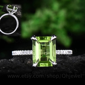 Real diamond under basket halo ring emerald cut peridot engagement ring white gold vintage green peridot women wedding bridal ring