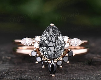 Pear shaped black rutilated quartz engagement ring set black diamond ring set marquise ring set 7 stone ring unique bridal set jewelry gift