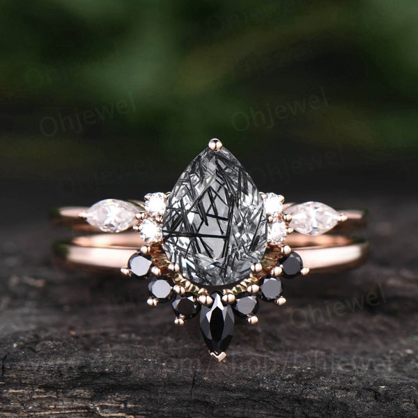 Pear shaped black rutilated quartz engagement ring set black diamond ring set marquise ring set 7 stone ring unique bridal set jewelry gift