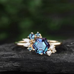 Hexagon cut Alexandrite ring gold silver for women vintage unique Alexandrite engagement ring cluster art deco moissanite bridal ring gifts image 8