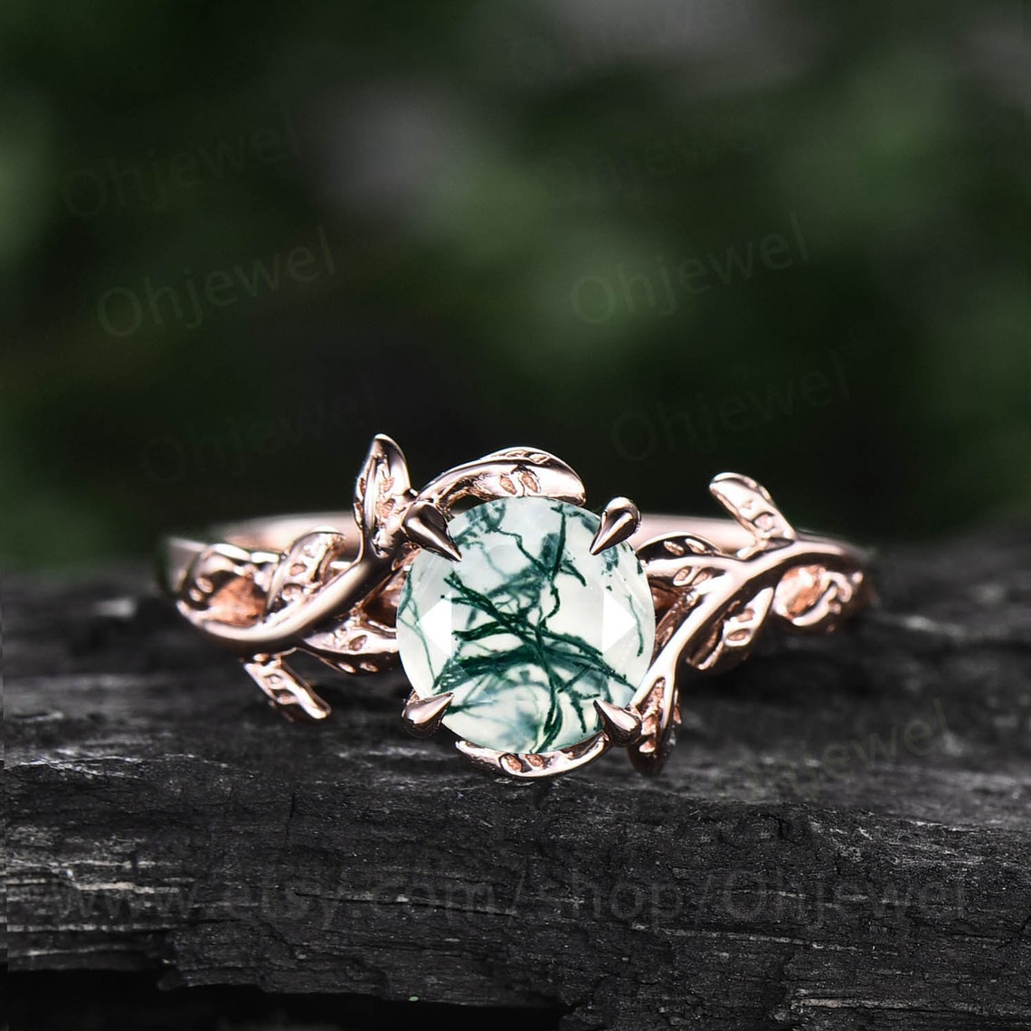 Vintage moss agate ring gold silver for women round moss agate Etsy