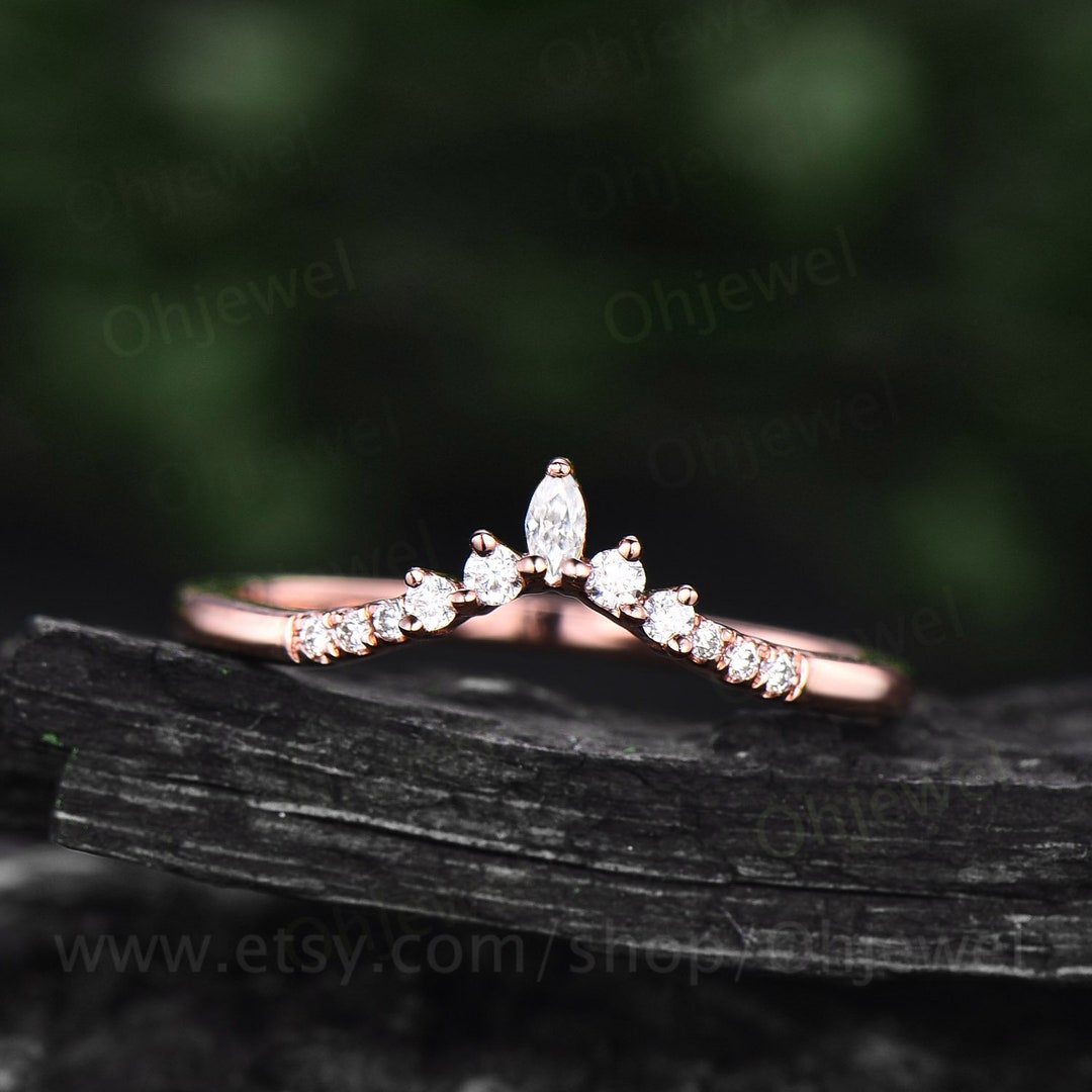 Art Deco Diamond Wedding Band 14k Rose Gold Marquise Cut Moissanite ...