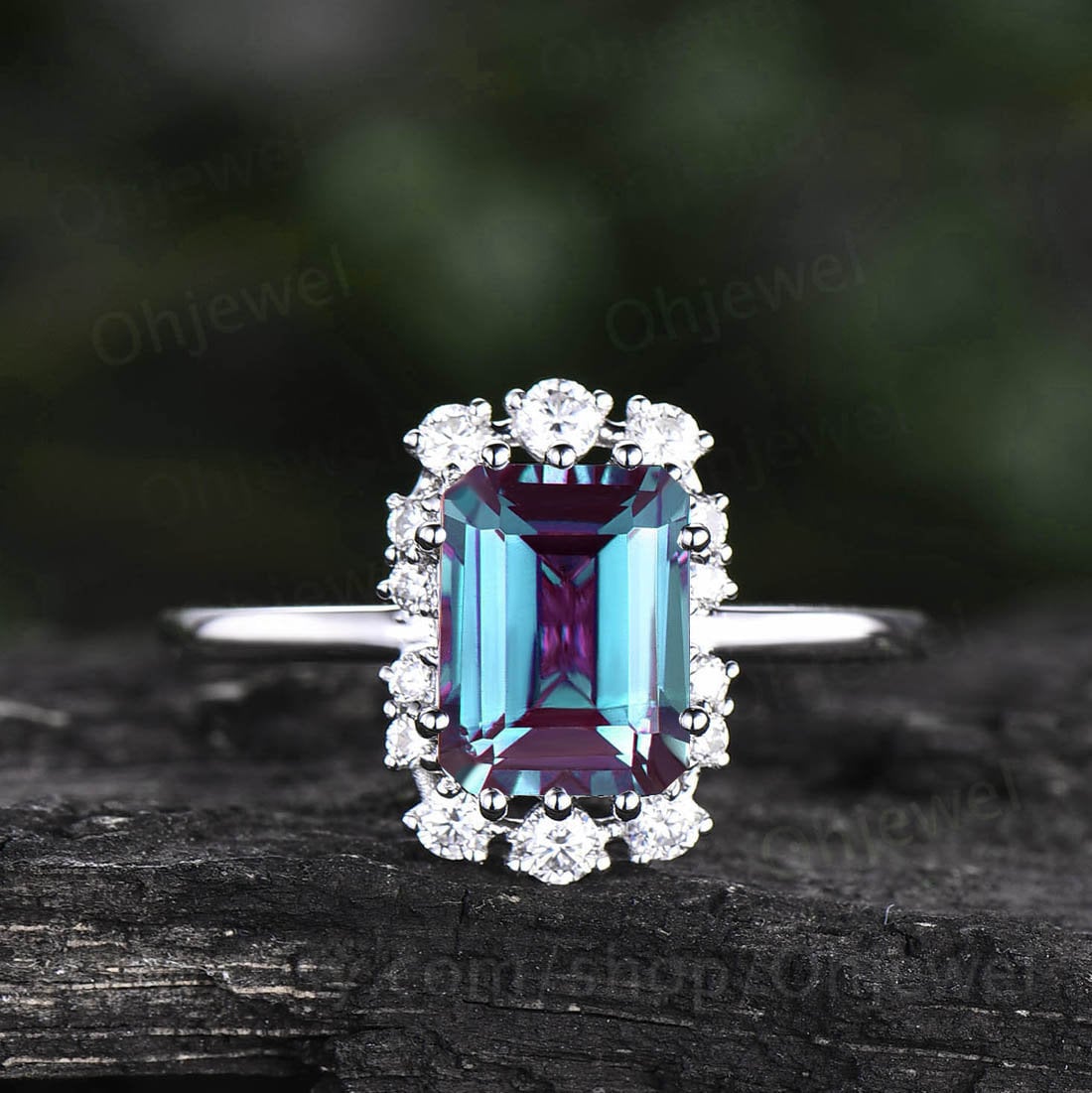 Cluster Halo Moissanite Ring Vintage Emerald Cut Alexandrite | Etsy